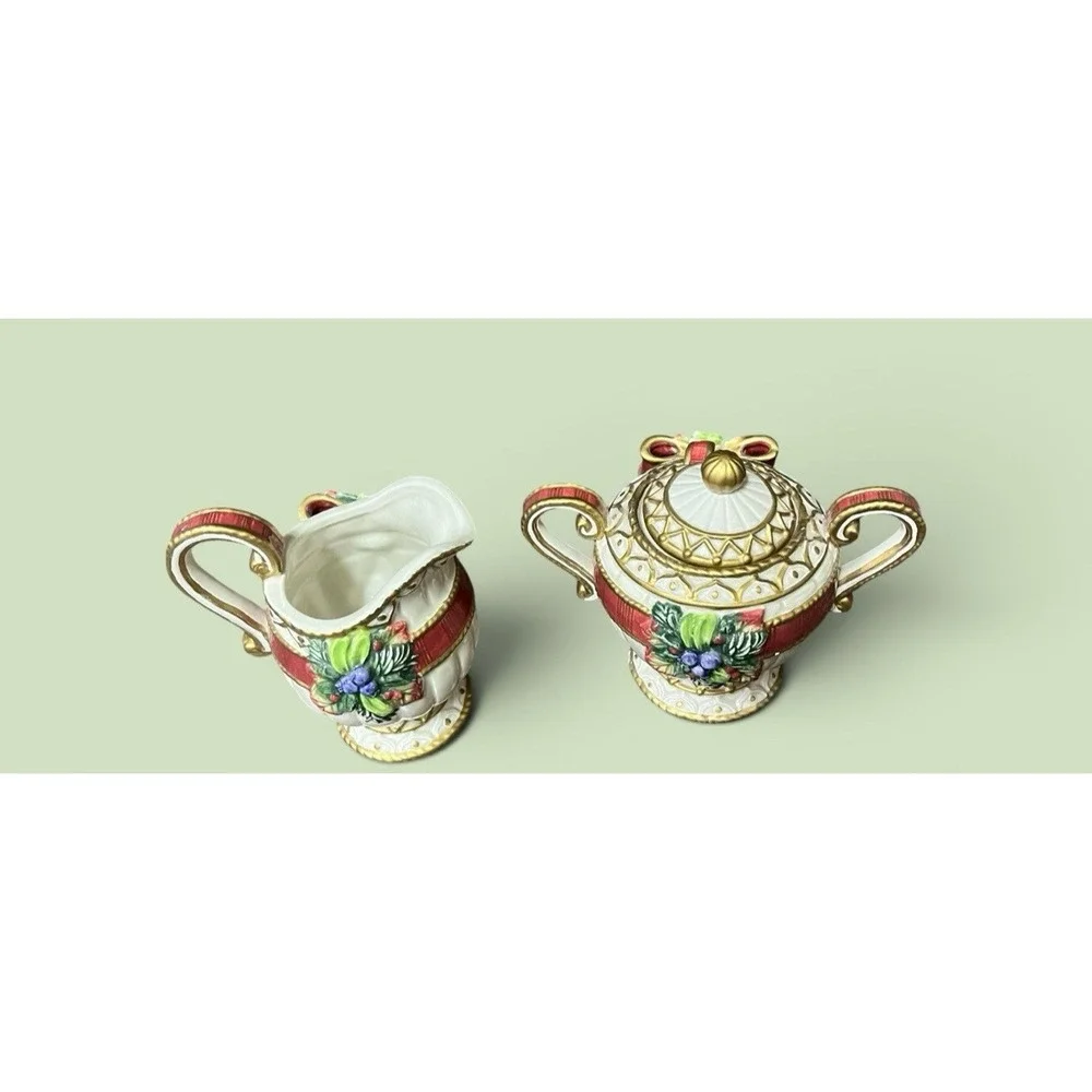 Fitz & Floyd Christmas Deer Creamer Sugar Bowl Spoon Red Bow Ribbon Tassel VTG